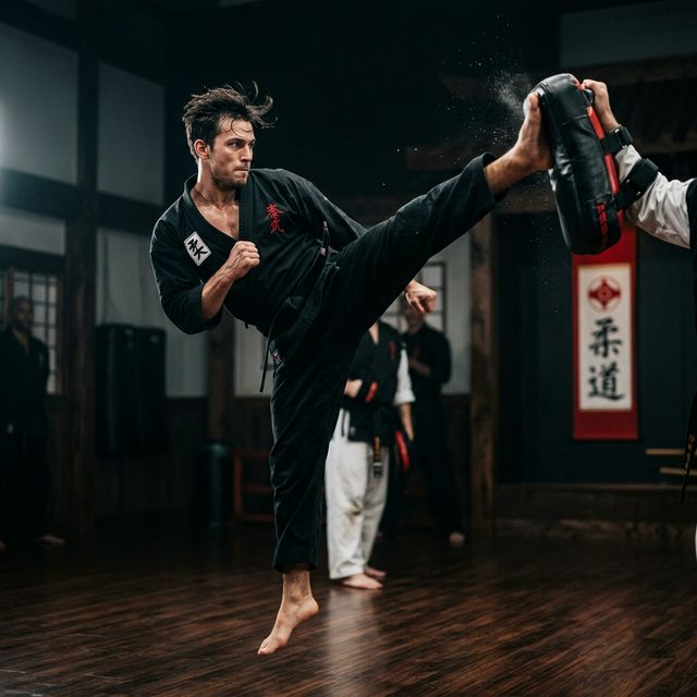 An instructor landing a kick on a pad during class